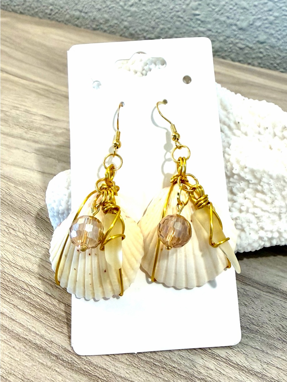 30. Shell Earrings with Gold Wire, Beige Crystal Accent, and Yellow Sea glass